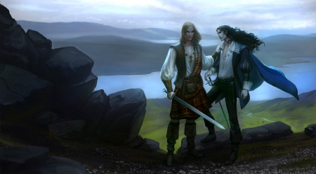 Under protection of the rocks - couple, anndr, fantasy, art, luminos, man, sword, rock, scotish