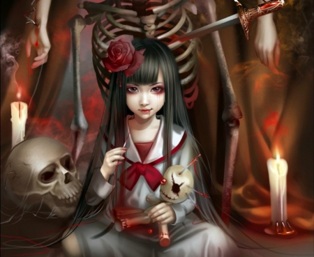 Voodoo - skull, emilyg, candle, voodoo, girl, rose, asian, fantasy, luminos, red