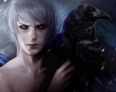 Messenger - vampire, fantasy, cashile, raven, pasare, bird, crow, luminos, man