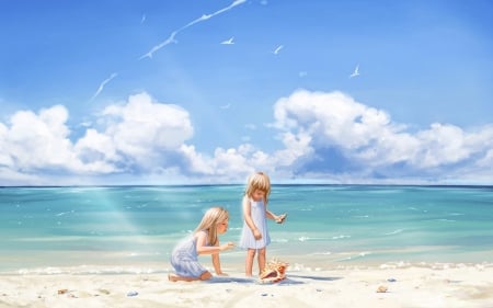 Summer fun - summer, copil, cute, beach, childhood, diana shutka, couple, water, art, sand, children, pictura, clouds, luminos, vara, sea, painting