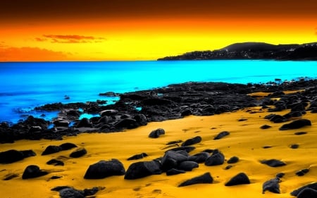 Fuerteventura Beach - clouds, nature, beach, moss, sea, rocks, sky