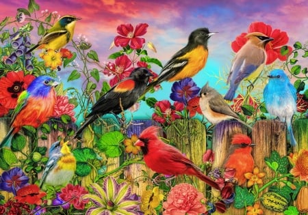 Birds and blooms - pretty, blooms, birds, summer, beautiful, spring, lovely, fence, flowers, colorful, friends, gathering, art