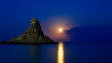 Moonlight Reflection,Sicily - horizon, seascape, night, sunset, rocks, nature, tall rock, reflection, island, sea