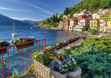 Lake Como, Italy - village, flowers, water, nature, spring, mountains