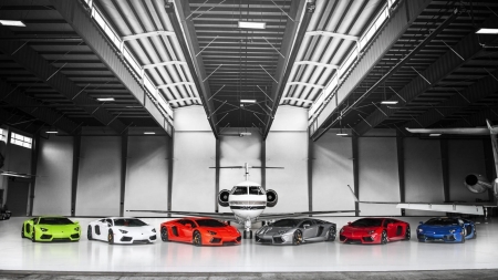 Lamborghinis - colors, plane, garage, super car