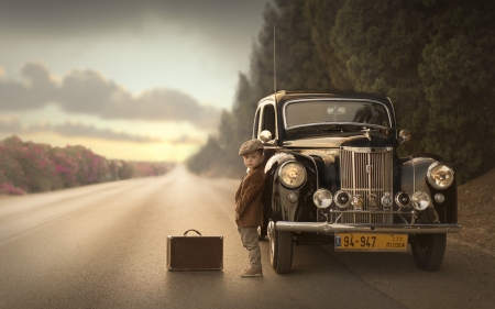 Little boy - suitcase, car, vintage, boy, copil, child, retro