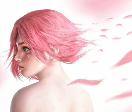 Sakura Haruno - tears, anime, girl, petals, pink, manga, fantasy, white, face, artsbycarlos, art, luminos, sakura haruno