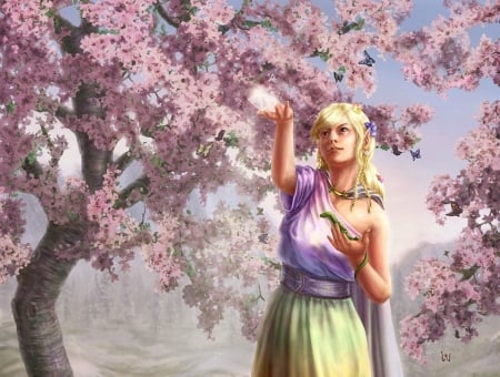 Bringer of life - flower, pink, blossom, girl, art, fantasy, dragon, hand, tree, luminos, karin wittig