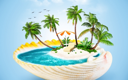 Happy Summer! - beach, water, summer, fantasy, palm, creative, white, umbrella, blue, shell, tree