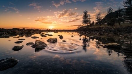 Lake Sunset - stone, lake, trees, landscape, sunset, rocks, nature, reflection, clouds