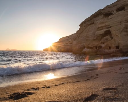 Matala Beach at Sunset,Greece - horizon, sunset, nature, summer, beach, sea, rocks