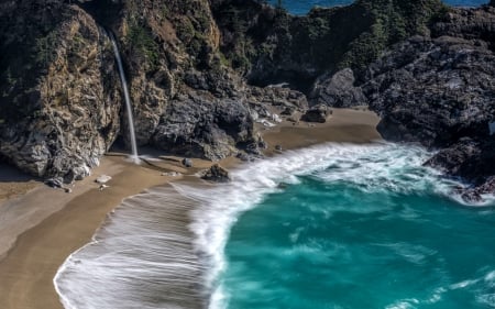 McWay Falls, Big Sur, California - beach, waterfall, usa, nature