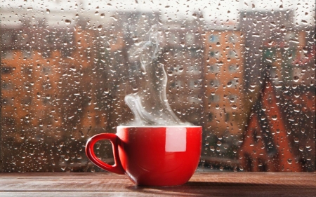 Rainy Day - hot, window, rain, houses, cup