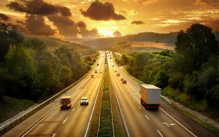 Road - sky, road, clouds, trees, sun