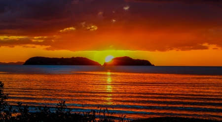 Coromandel Sunset - water, beach, ocean, orange, new zealand, coromandel, sunset, red, waitete bay, sky