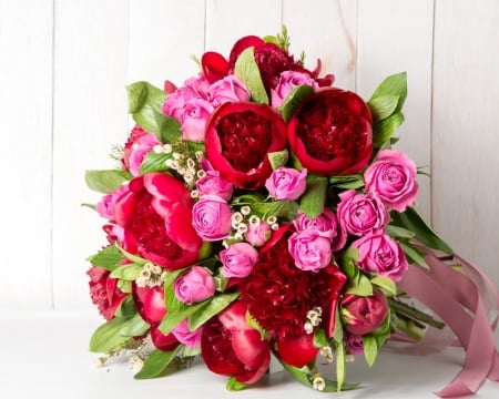 Lovely Bouquet - flowers, roses, nature, red, bouquet, pink, peonies