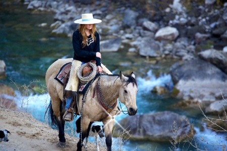 Canyon Rider. . - style, girls, western, women, hats, ranch, outdoors, horses, cowgirl, fun, female, boots, blondes, dog