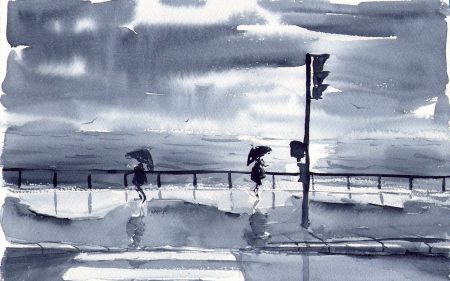 Rainy day - storm, people, blue, sea, watercolor, black, pictura, umbrella, painting, rain, art