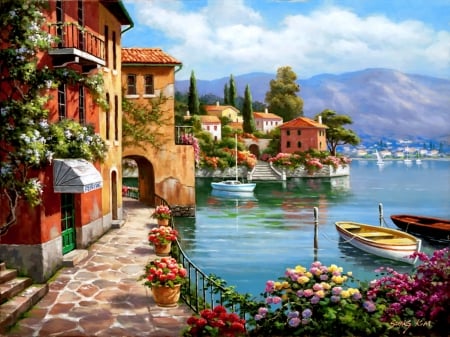 Villa de lago - pretty, town, beautiful, lovely, lago, village, boats, countryside, villa, painting, picturesque, serenity, lake, houses, peaceful, art