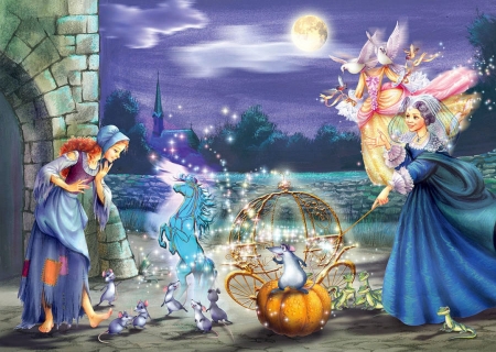 Fairytale of Cinderella - moon, girl, evening, castle, artwork, fairy, birds