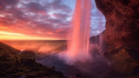 Colorful Waterfall - clouds, sunset, landscape, mountains, sky