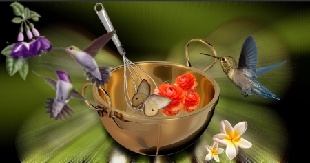 Spring Scenery - flowers, hummingbirds, bowl, artwork, butterfly