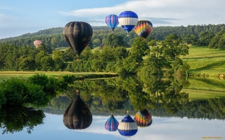 Hot Air Balloons - lake, balloons, landscape, trees