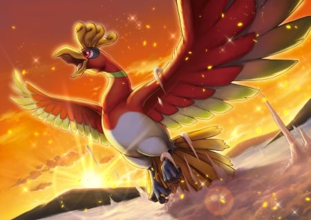 HO-OH Rising - Legendary Pokemon, Sunset, Clouds, Bubbles, Mountain, Bird, Anime, Video Game, Sunlight, HO OH, Pocket Monsters, Pokemon, Sparkels