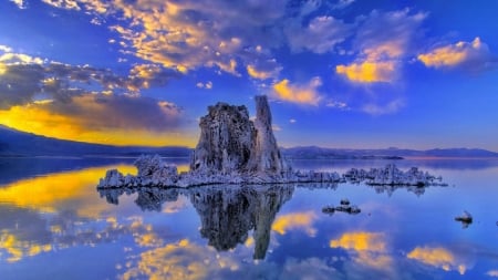 California Lake Reflection - nature, sky, lake, reflection, clouds, rocks