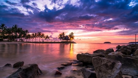 Beach at Sunset - clouds, trees, nature, beach, sea, resort, rocks