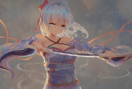 Katana - girl, katana, blue, anime, sword, kisei2, manga