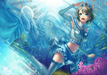 Watanabe You - flower, pink, watanabe you, anime, girl, love live school idol project, blue, manga, tagme