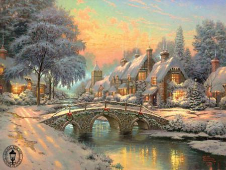 Cobblestone-Christmas - trees, peaceful, cottages, cobblestone, painting, art, cold, holiday, bridge, kinkade, houses, scenic, winter, christmas, nature, village, beautiful, snow