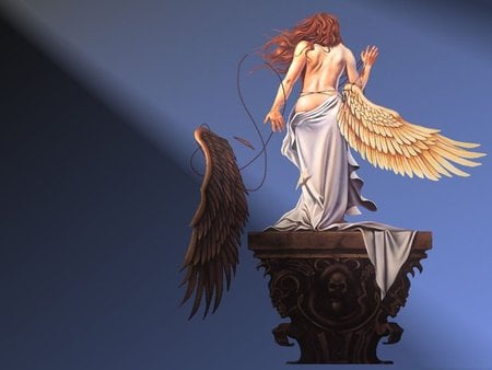 fallen angel - woman, girl, pretty, blue, wings