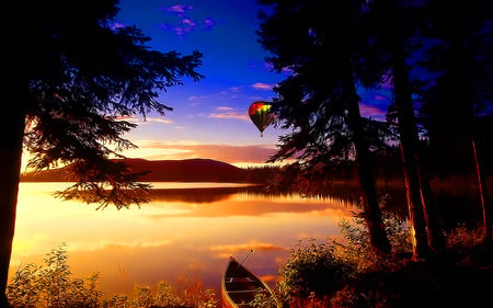 Canoe and Balloon at Sunset - hot air balloons, evening sky, ballooning, landscape, balloons, adventure