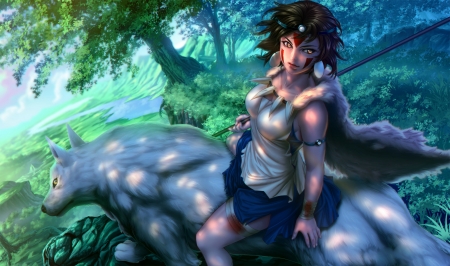 Princess Mononoke - fantasy, blue, wolf, green, girl, princess, mononoke