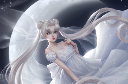 Princess Serenity - moon, anime, blue, girl, sailor moon, frumusete, manga, fantasy, white, princess serenity, luminos, luna