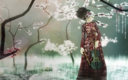 Spring - red, rendering, instrument, violin, spring, blossom, girl, white, fantasy, luminos, green