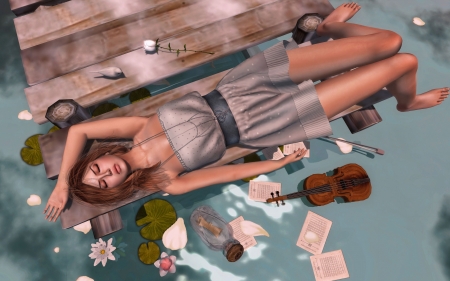 Relaxing - relax, water, summer, violin, girl, fantasy, instrument, rendering, lake, luminos