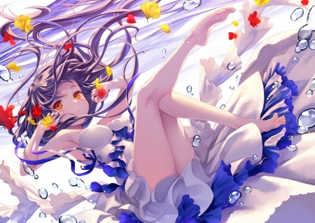 Underwater - anime, yellow, summer, blue, girl, manga, underwater, red, geroro