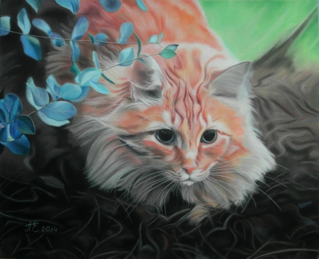 Cat - forest, black, cat, blue, art, pisica, pictura, orange, painting