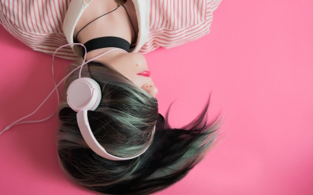 Girl with pink headphones - woman, girl, pink, headphones, brunette, black