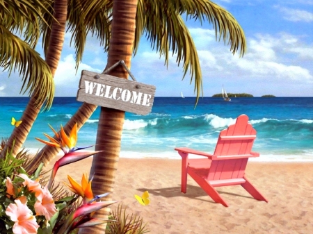 Welcome to Paradise - beaches, attractions in dreams, seaside, palm trees, sky, paradise, summer, nature, love four seasons, chair, clouds, paintings, flowers, sea