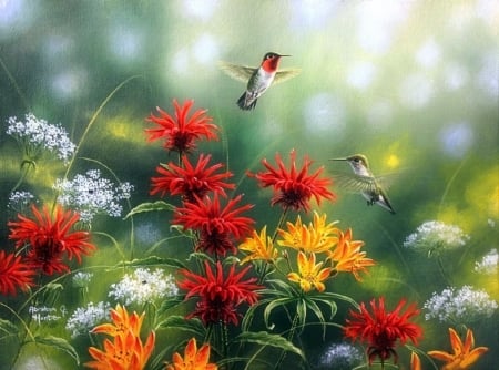 Rubythroat Pair - nature, love four seasons, animals, hummingbirds, summer, paintings, flowers, spring