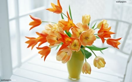 Tulips - vase, tulips, orange, still life