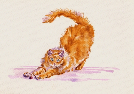 The cat and the ladybug - draw, ginger, ladybug, orange, cat, watercolor, pictura, pisica, animal, painting, art