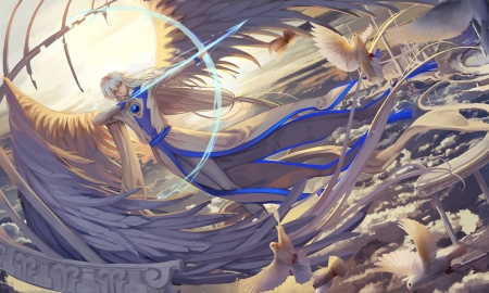 Angel - anim e, dove, angel, wings, ana bi, pasare, bird, white, blue, man, card captor sakura, manga