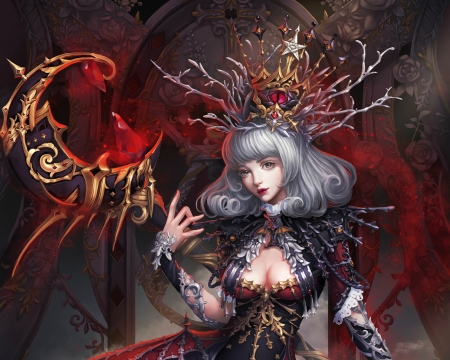 Goddess - moon, girl, frumusete, fantasy, milkyu dong, goddess, red, luminos, luna