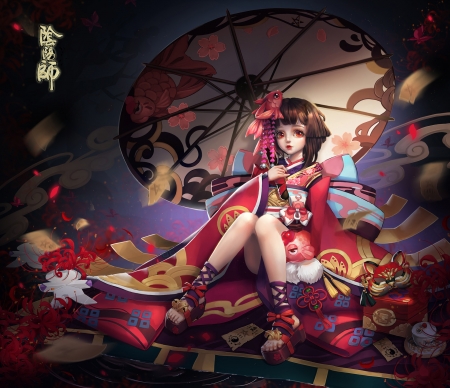 Fantasy girl - milkyu dong, yin yang division, girl, luminos, red, umbrella, frumusete, fantasy