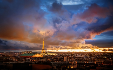 Paris at Turbulent Sunset - clouds, colors, france, buildings, sky, eiffel tower